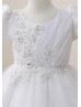 Short Sleeves Beaded White Lace Organza Flower Girl Dress